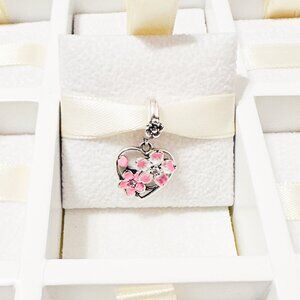 925 Sterling Silver Japanese Cherry Blossoms Heart Dangle Charm Fits Pandora